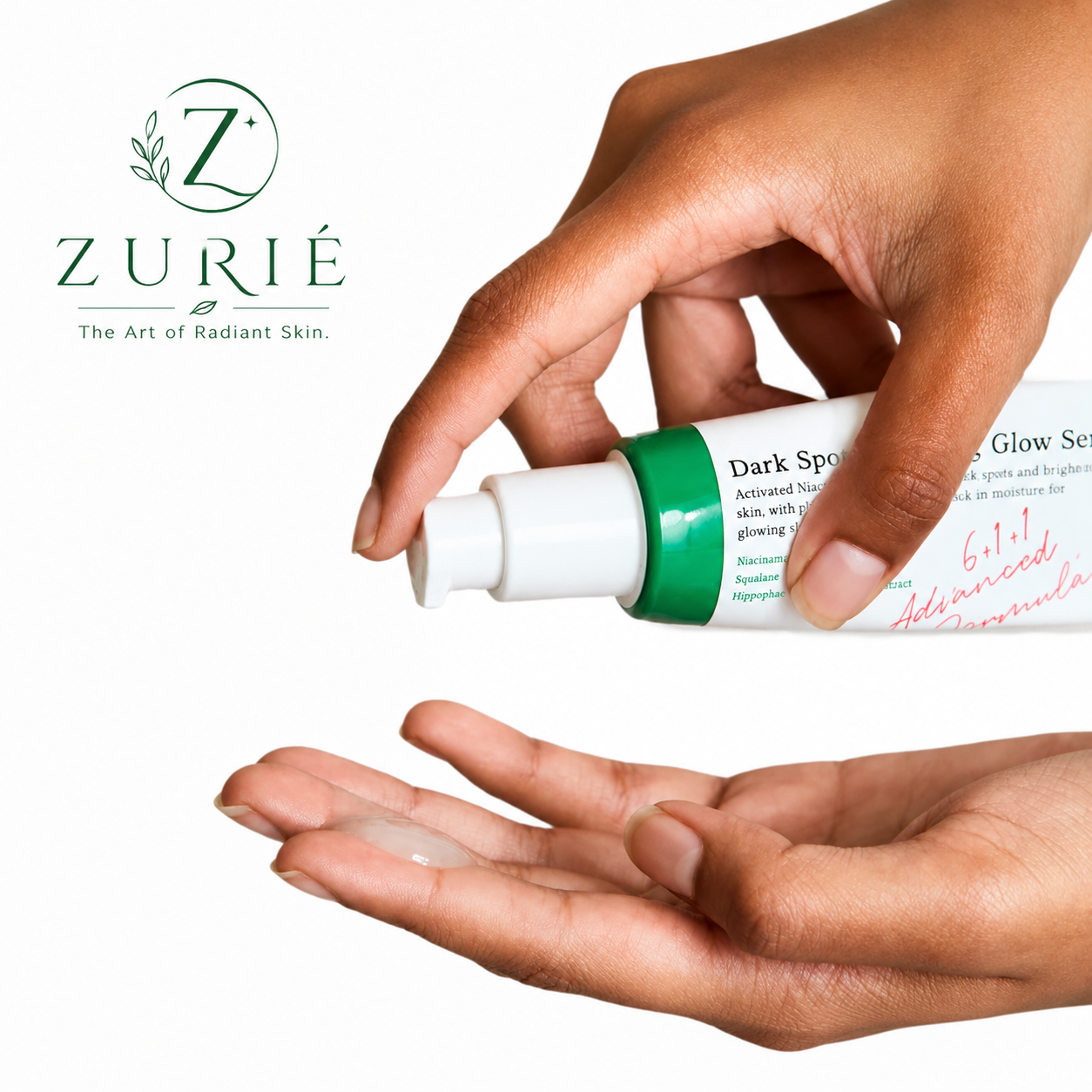 Hand pumping Dark Spot Correcting Glow Serum onto palm