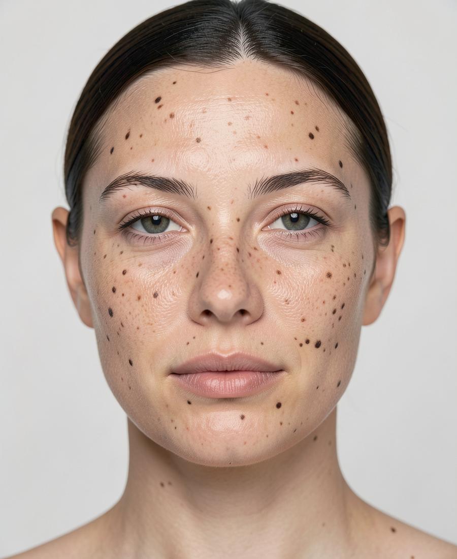 Skin before treatment — uneven tone with visible dark spots